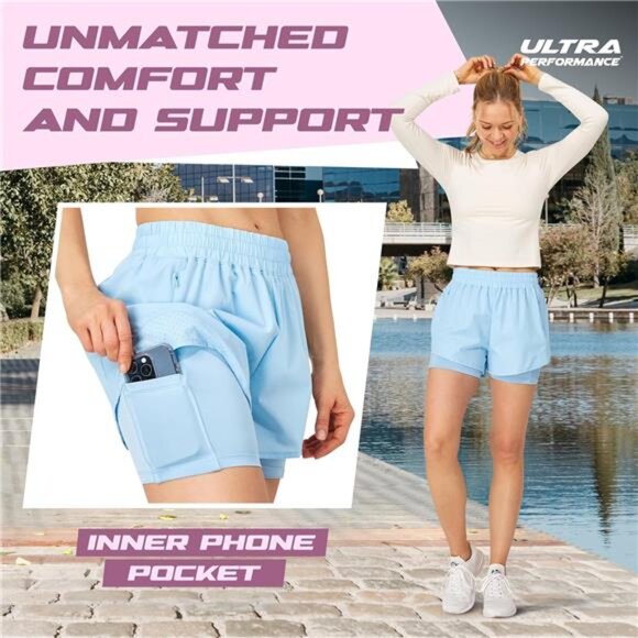 Ultra Performance Gym Shorts Women Pack of 2, Nylon Compression Workout Shorts - Picture 3 of 8